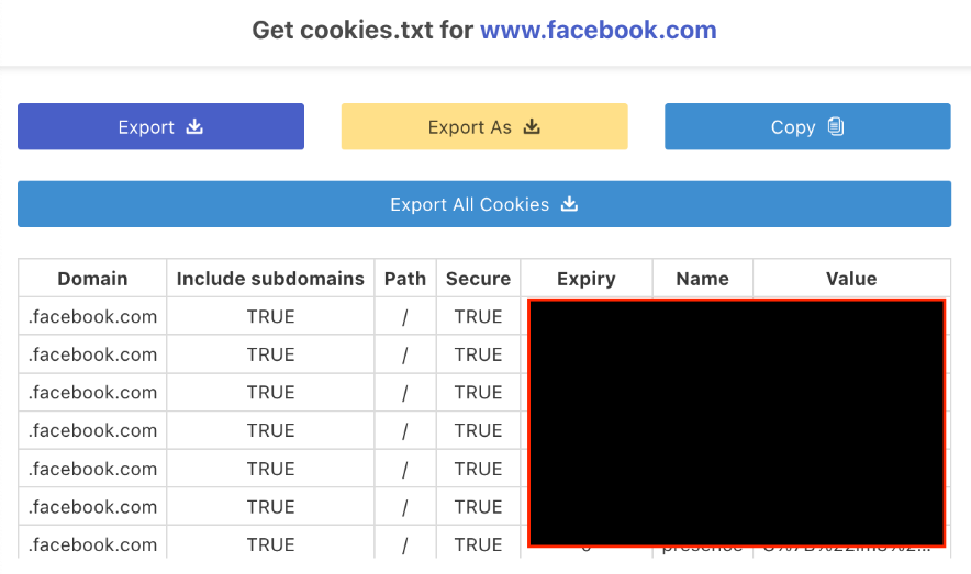 點選chrome外掛後，按下黃色「Export As」輸出cookie 檔案備用。